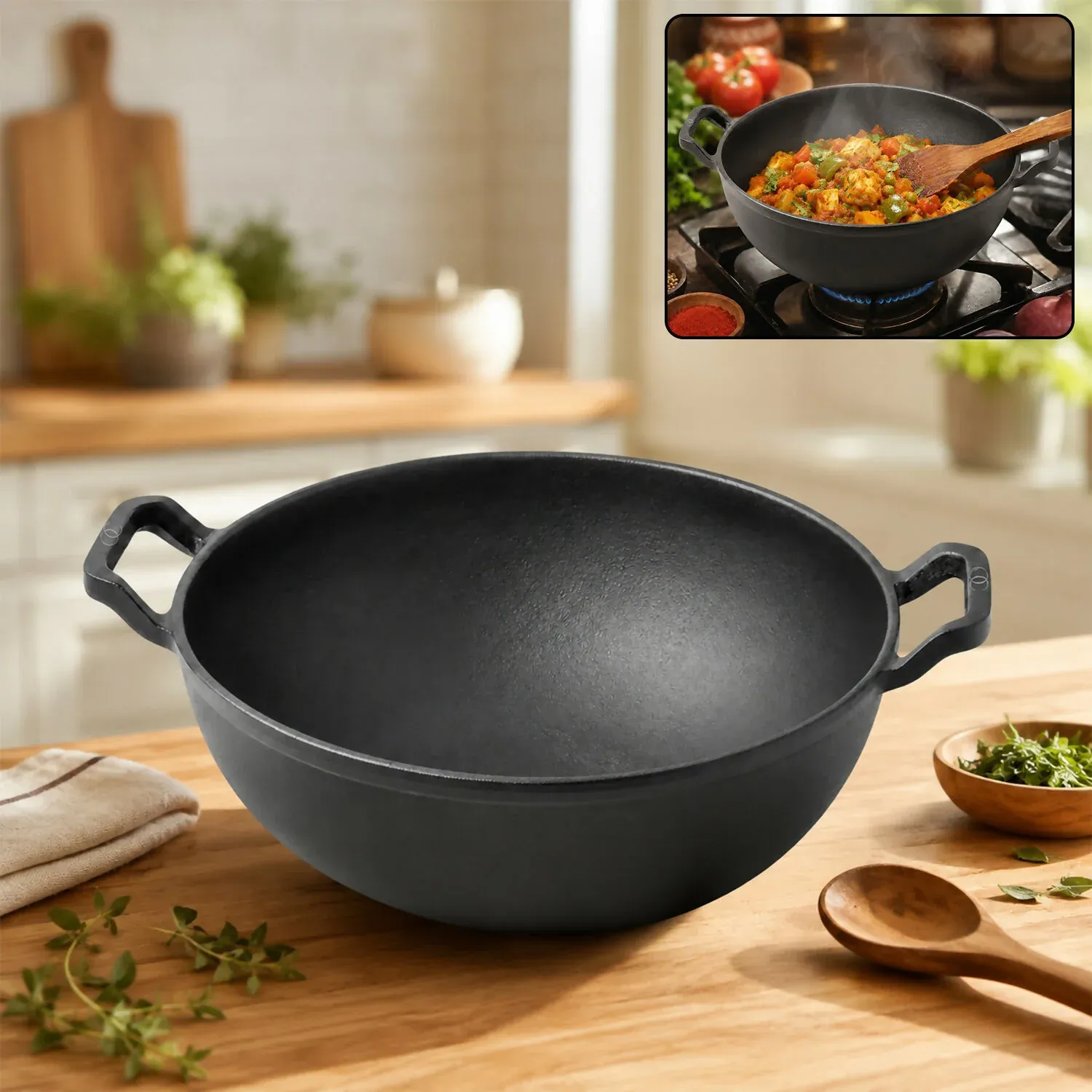 Premium Cast Iron Deep Kadai – Even Heat Distribution & Durable Construction - Buy Online at Alikart