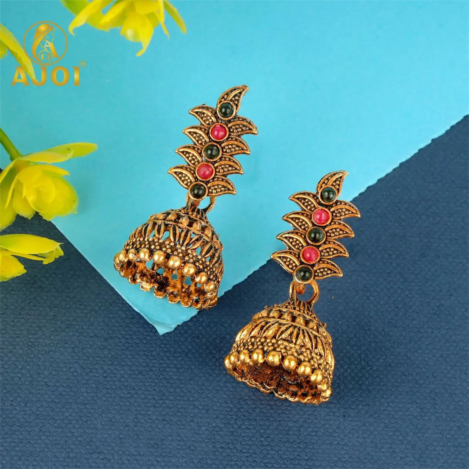 Traditional Antique Gold-Plated Temple Jhumka Earrings Combo Set for Women & Girls (Set of 5) - Detailed Feature View 2