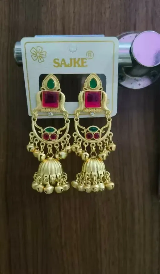 Kashmiri Jhumka Drop Earrings with Kundan & Pearl Tassels–Luxury Earrings - Detailed Feature View 3