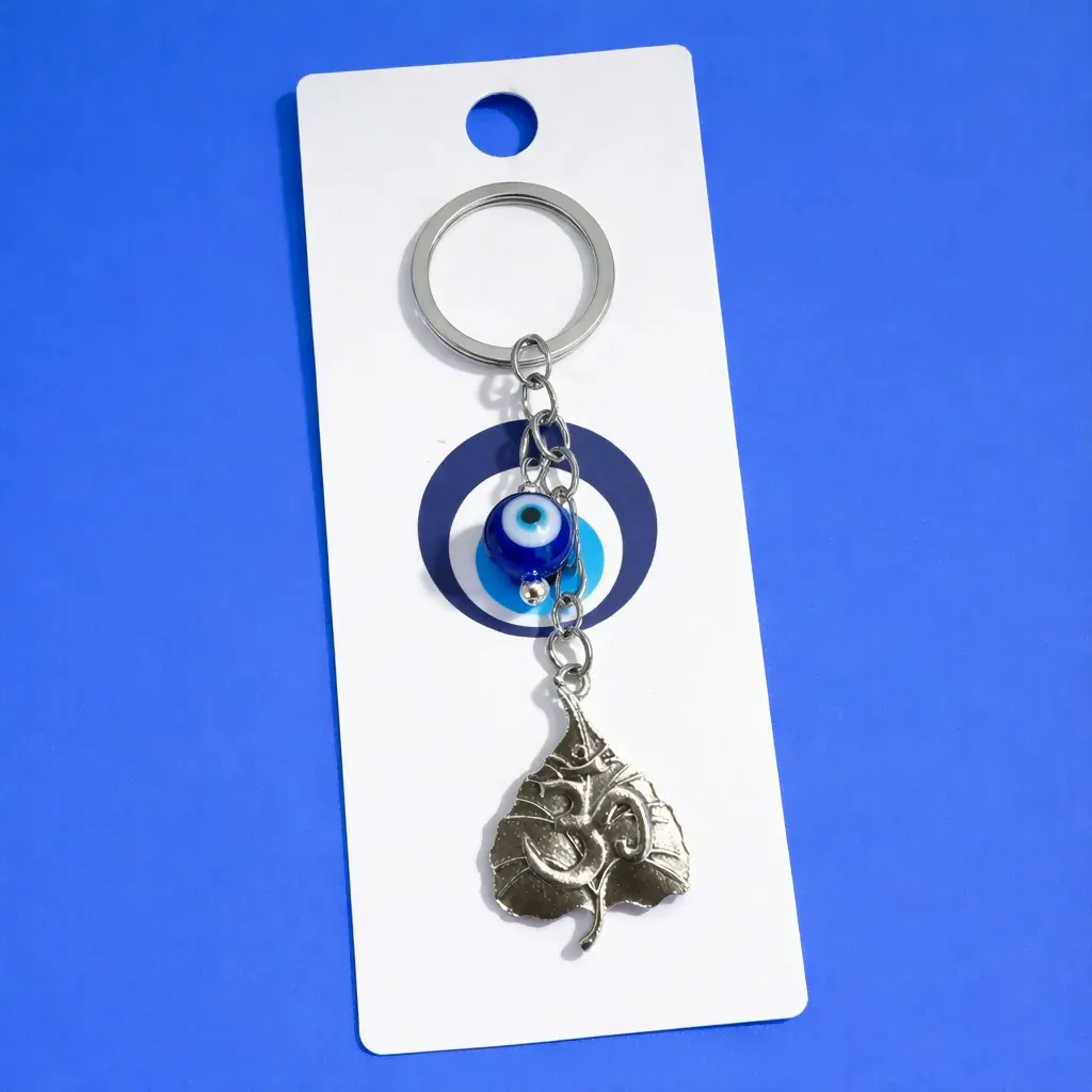 Om Leaf Evil Eye Keychain for Car Keys, Bags & Spiritual Gifting - Detailed Feature View 1
