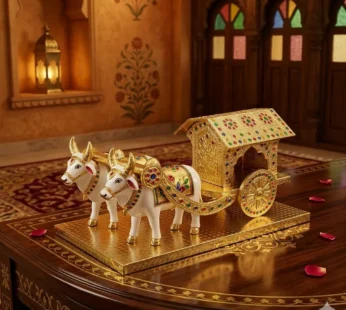 Gold-Plated Meenakari Bullock Cart Showpiece with Wooden Base