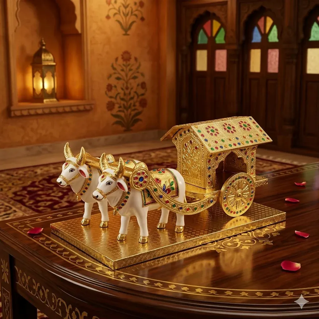 Premium Gold-Plated Meenakari Bullock Cart Showpiece with Wooden Base - Buy Online at Alikart