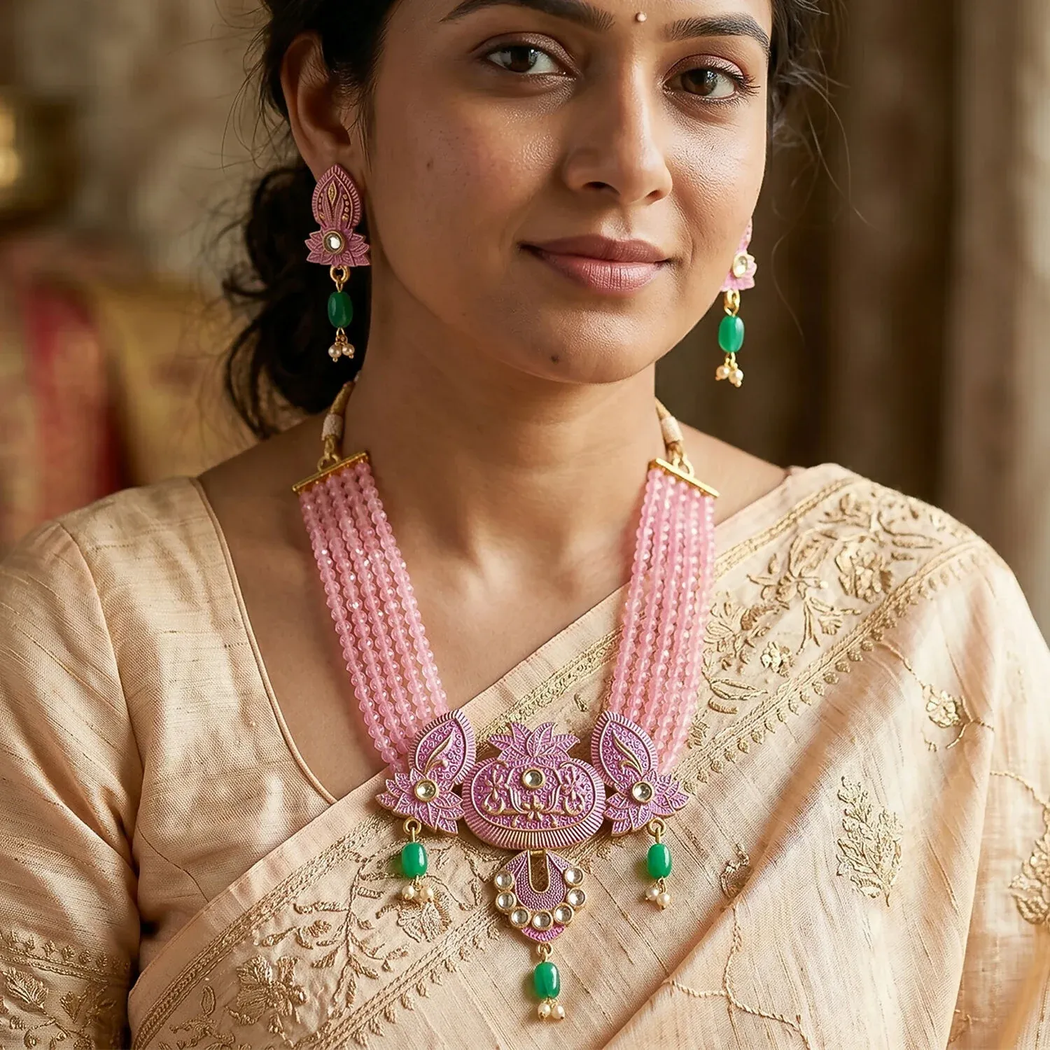 Pink Beaded Ethnic Necklace Set with Earrings - Adjustable Thread - Detailed Feature View 1