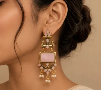 Vintage Oxidised Gold Plated Pink Stone Peacock Design Chandbali Earrings for Women pink colour