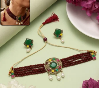 Traditional Maroon Beaded Choker Necklace Set with Green Stone Earrings for Women