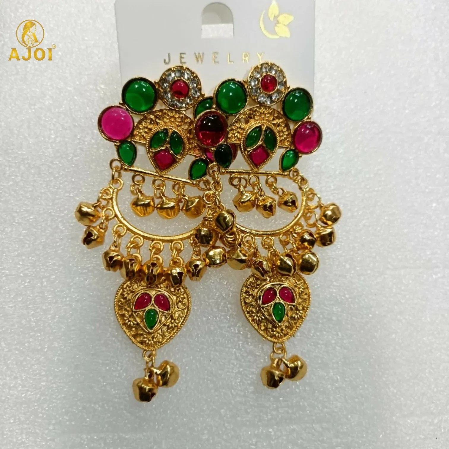 Kasmiri Gold-Plated Chandbali Earrings with Green & Pink Stones - Detailed Feature View 5