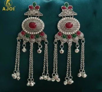 Kashmiri Style Oxidised Silver Long Earrings For Women And Girls