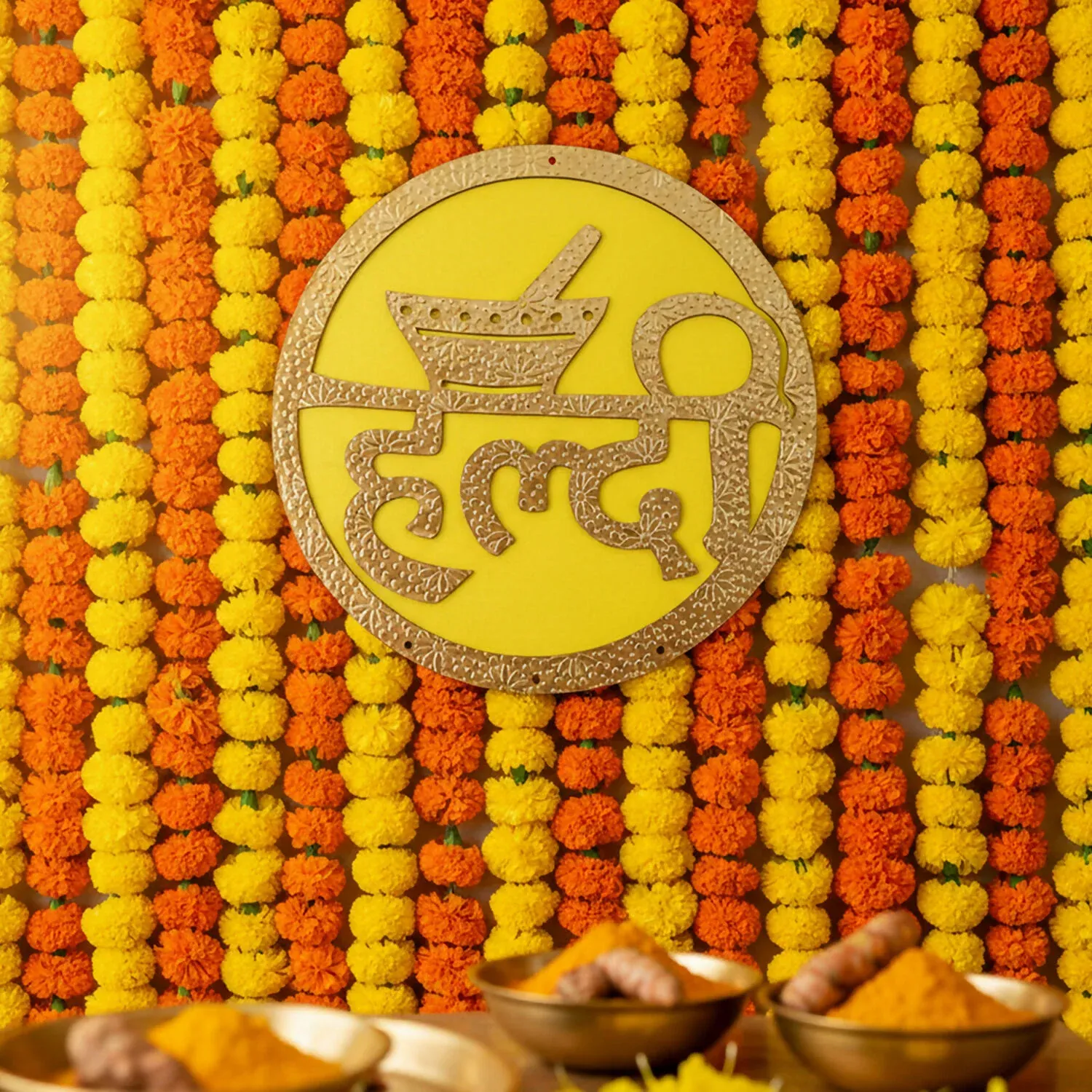 Haldi Ceremony Wall Hanging – Vibrant Yellow & Red Wedding Decor - Detailed Feature View 2