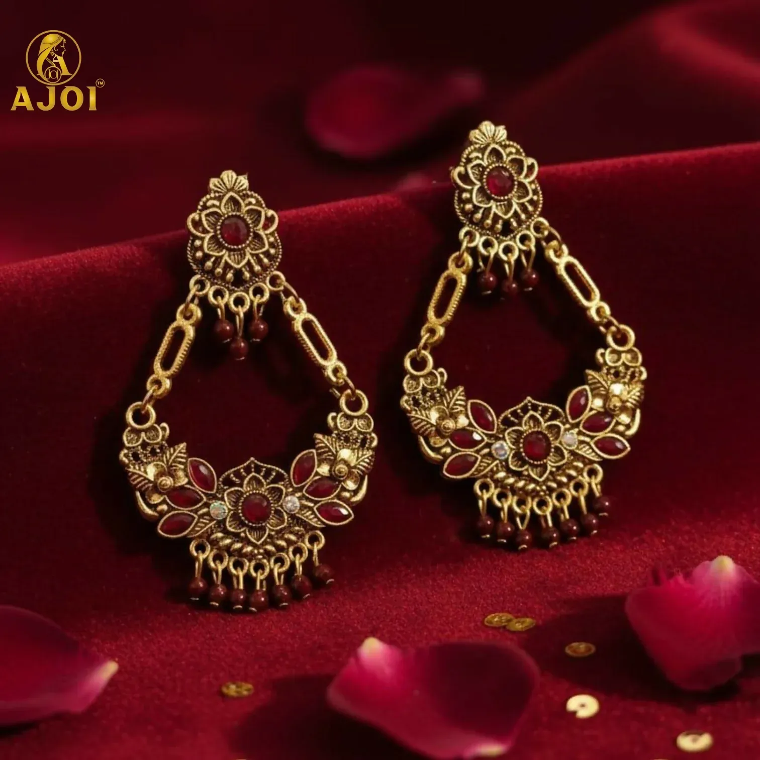 Premium Vintage Maroon Floral Chandbali Earrings with Maroon Enamel Accents - Buy Online at Alikart