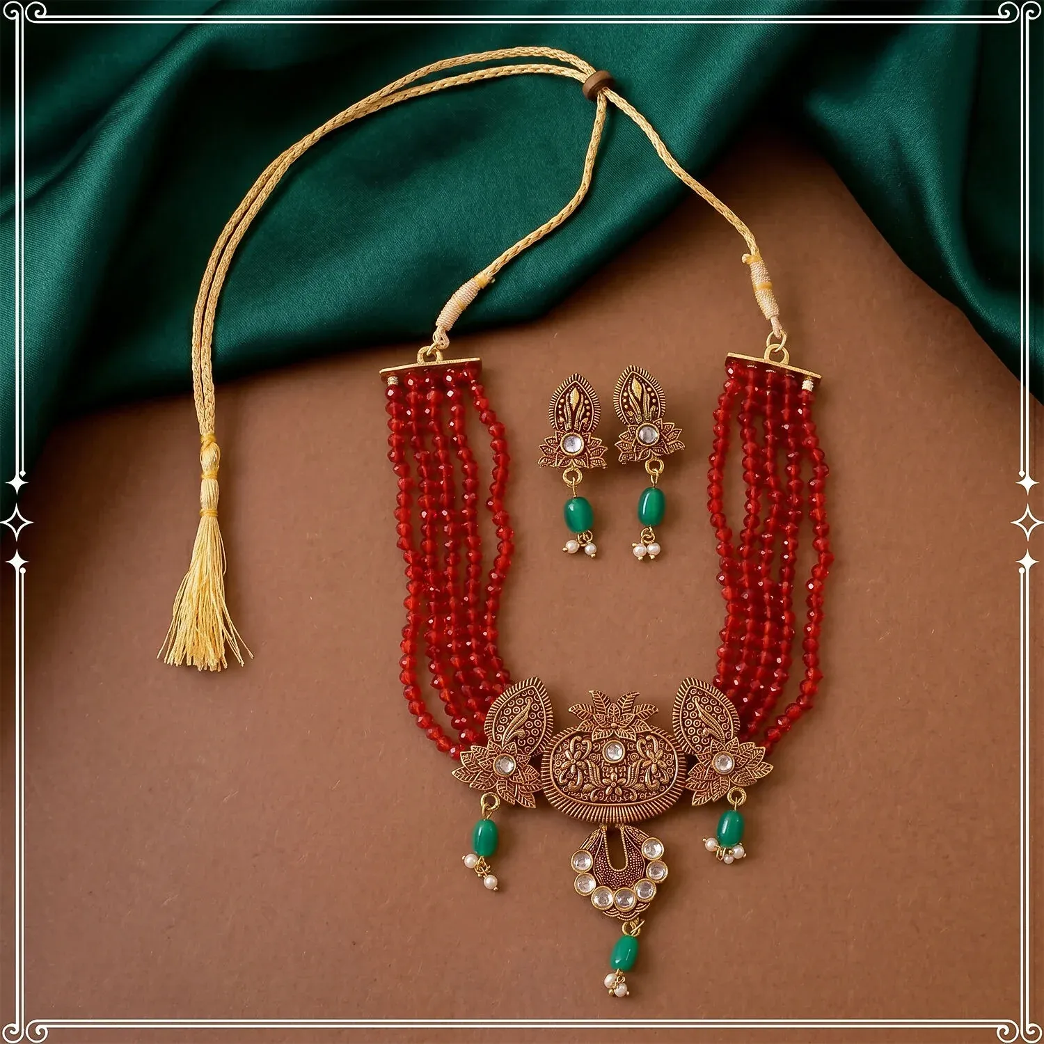 Traditional Maroon Beaded Necklace Set with Earrings - Adjustable Thread - Detailed Feature View 2