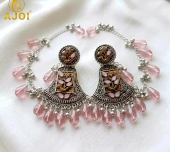 Antique Dual-Tone Oxidised Floral Drop Earrings with Pink Crystal Teardrop Danglers