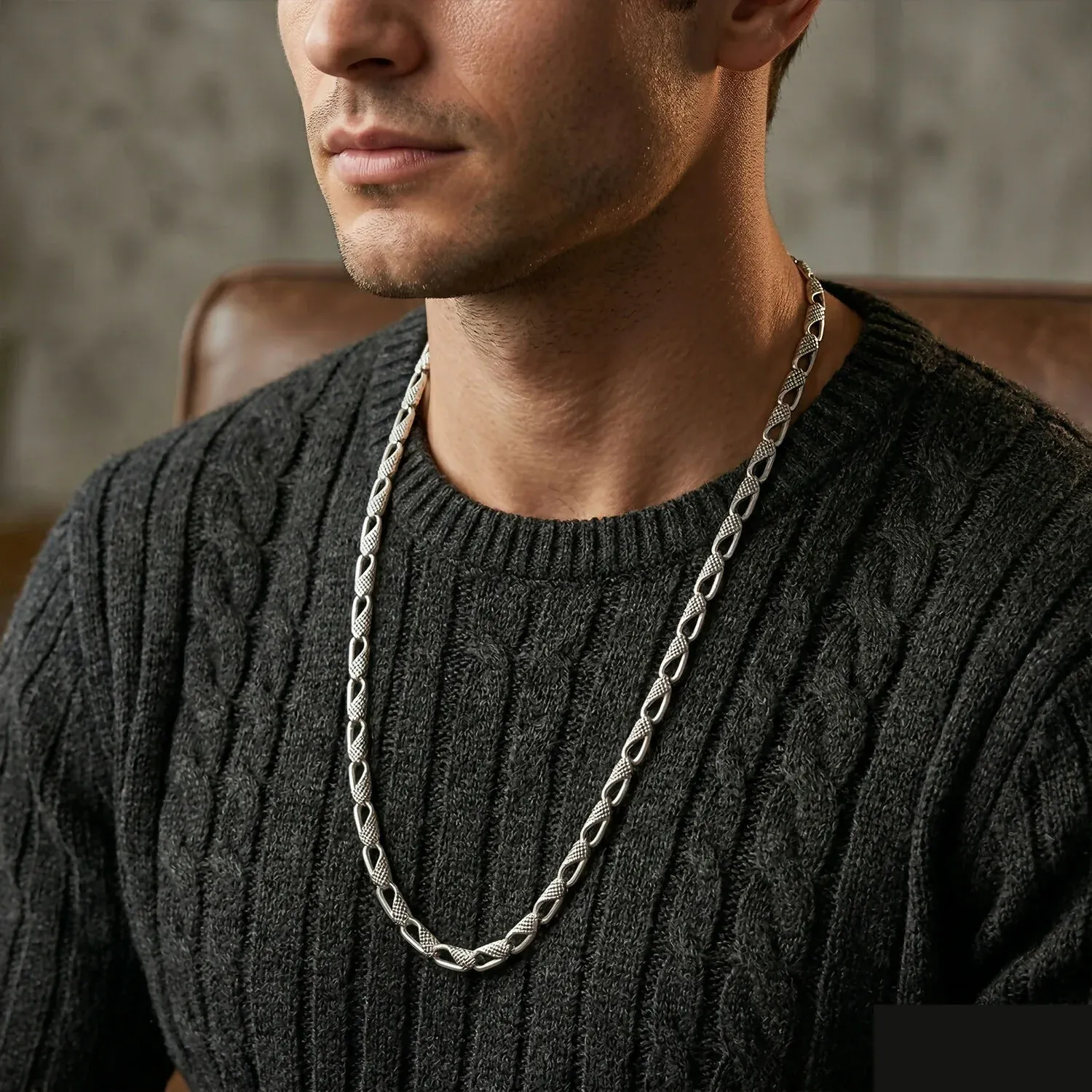 Dual Tone Textured Chain Necklace for Men & Women - Detailed Feature View 3