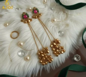 Royal Kashmiri-Inspired Gold-Plated ERuby Pink & Emerald Green Stones, Dual Chain Ghungroo Drops