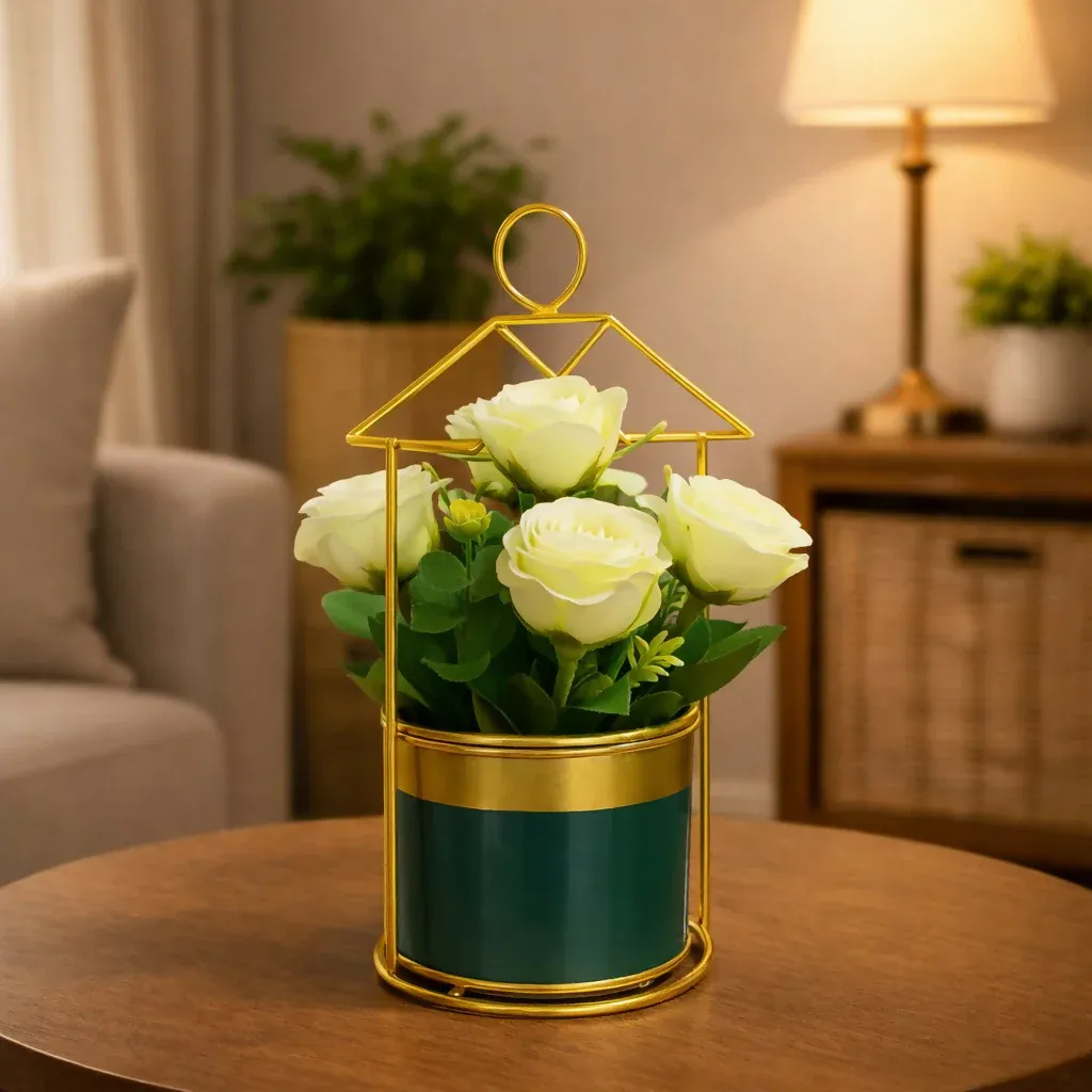 Gold Geometric Tabletop Planter with Decorative Pot - Detailed Feature View 2