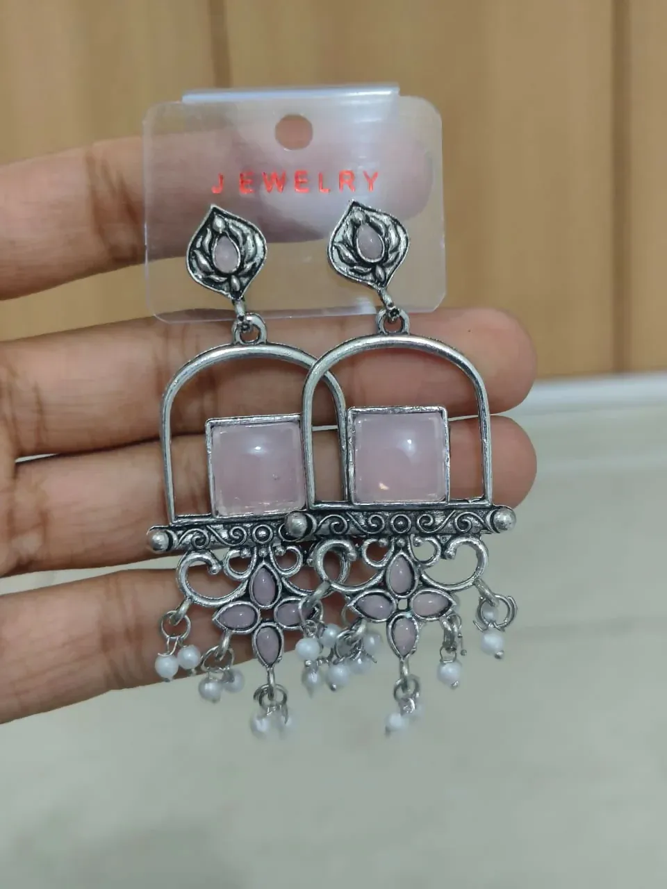 Elegant Pink Stone Oxidized Silver Pearl Drop Earrings for Women - Detailed Feature View 3