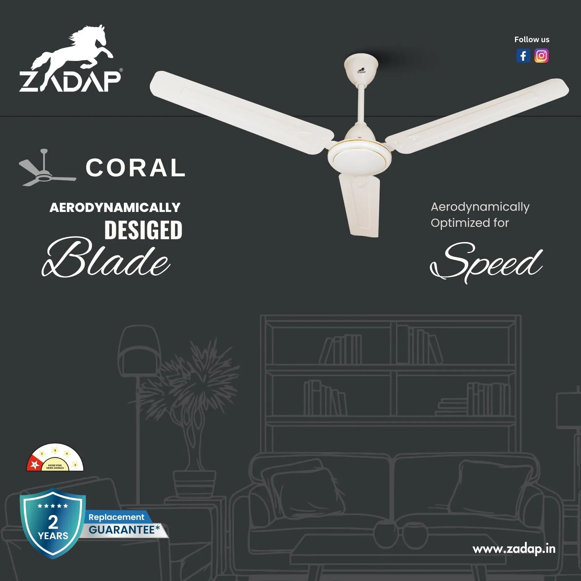 ZADAP 1200mm Ivory High Speed Silent Ceiling Fan - Detailed Feature View 3