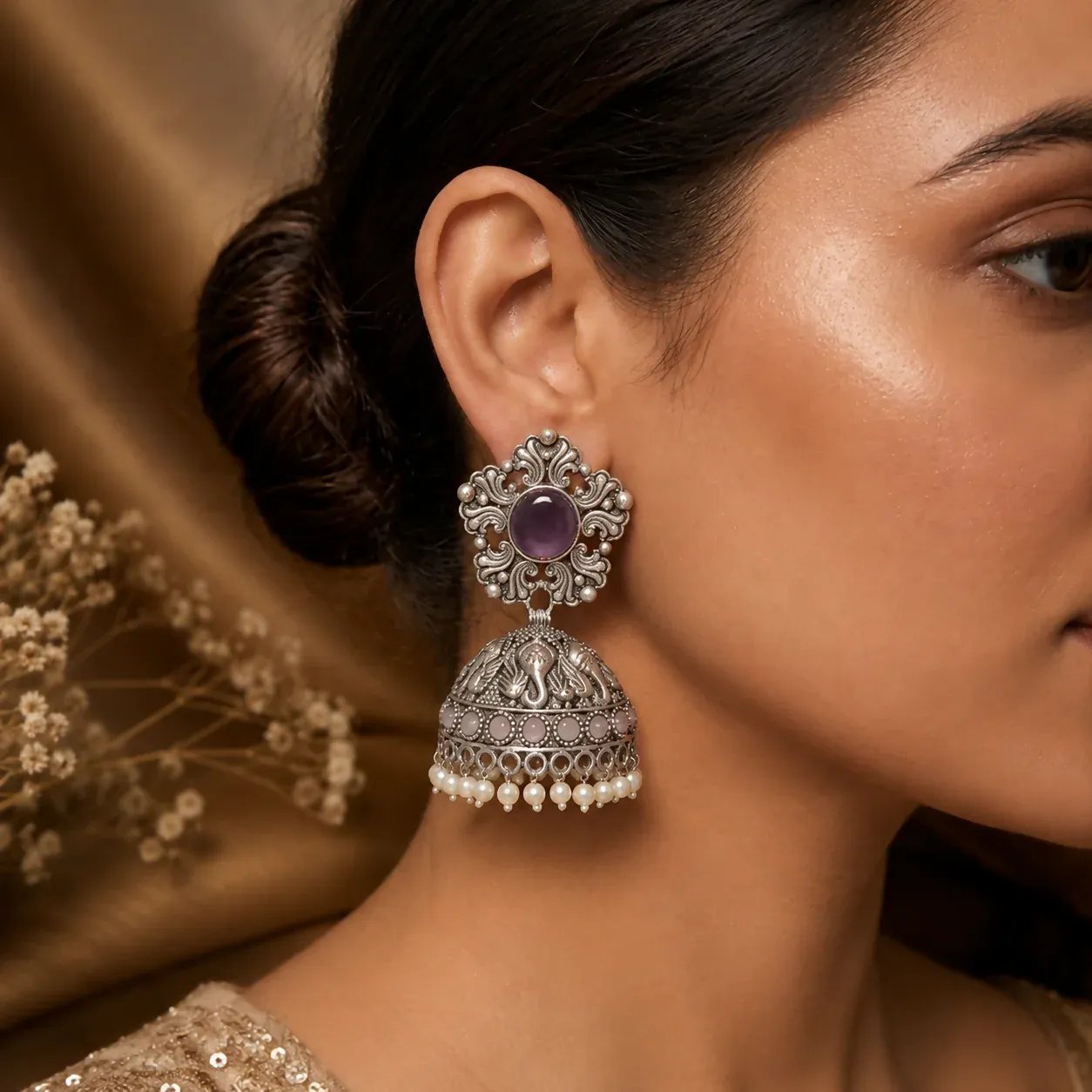 Oxidized Silver Jhumka Earrings with Purple Stone & Pearls - Detailed Feature View 3