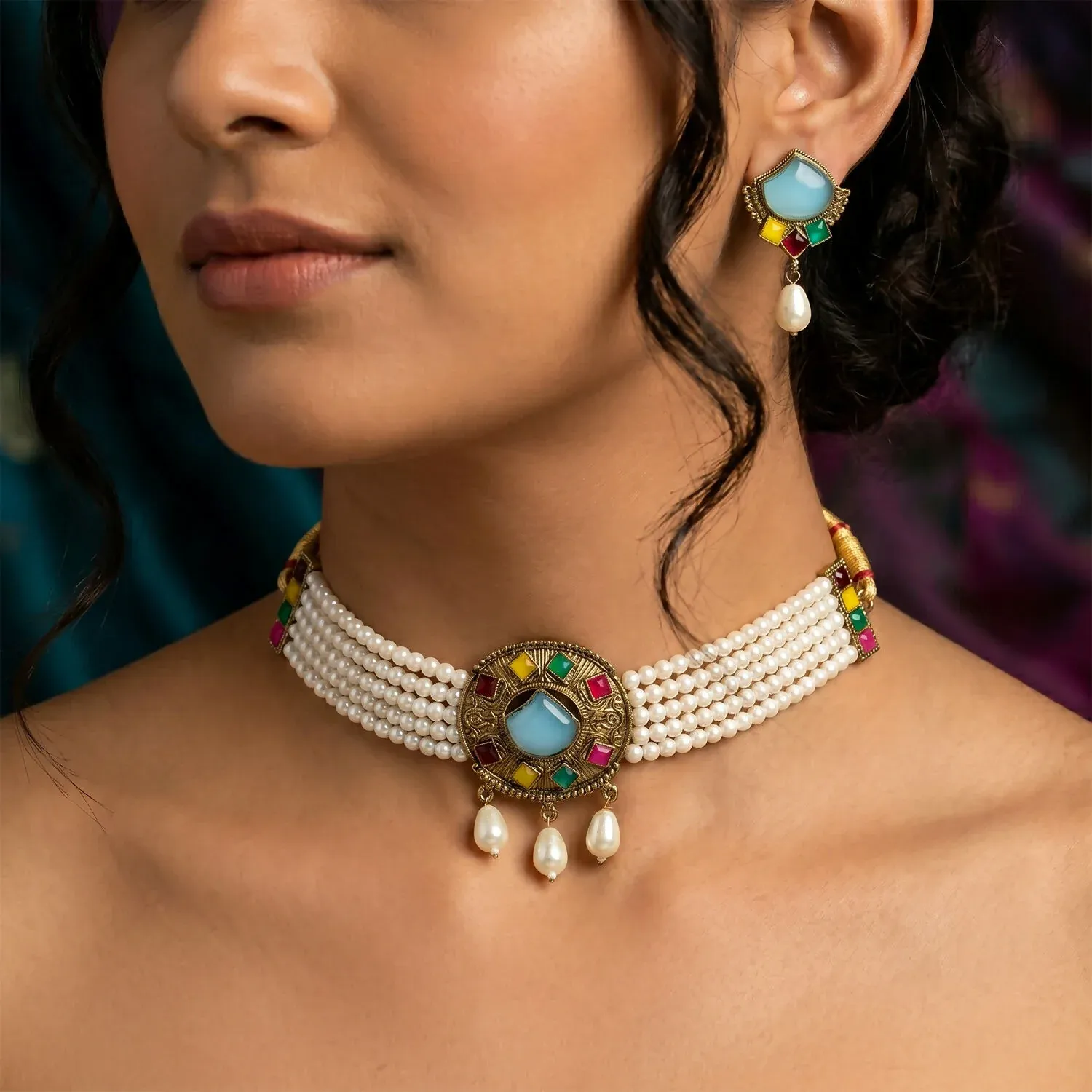 Traditional Sky Blue Stone Pearl Choker Necklace Set with Earrings for Women - Detailed Feature View 1