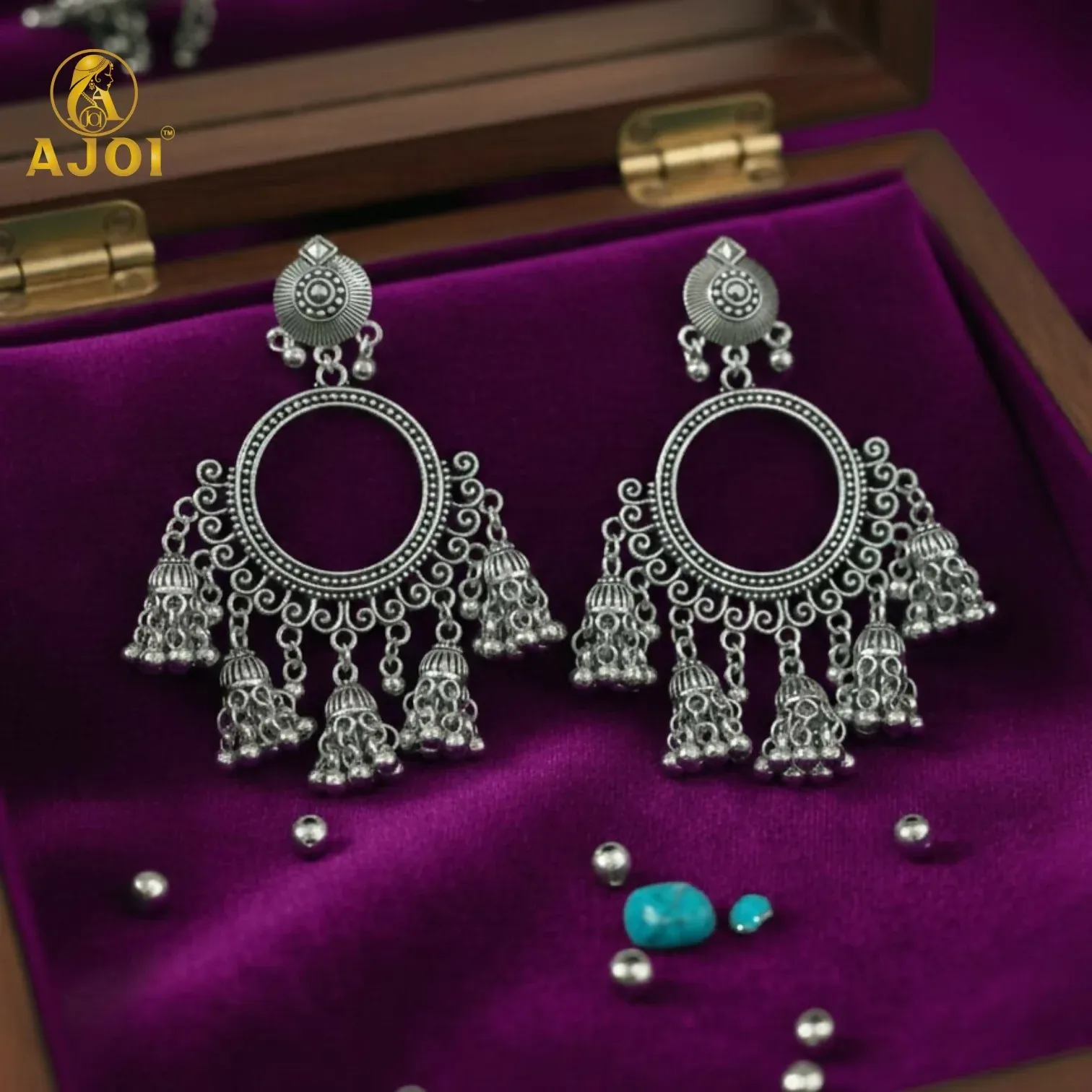 Premium Oxidised Silver Boho Chandbali Jhumka Earrings - Detailed Feature View 4