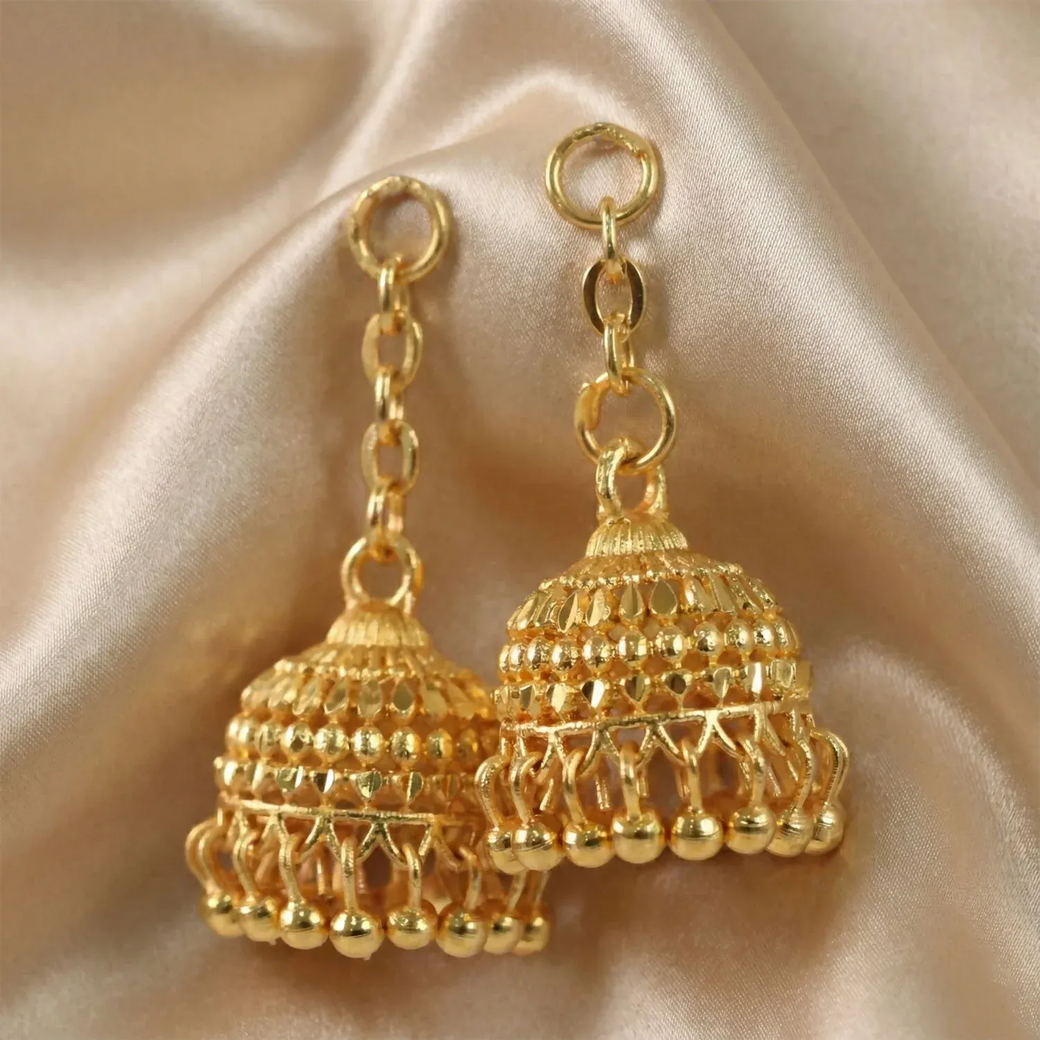 Classic Gold-Plated Jhumka with Layered Dome and Bead Detailing - Detailed Feature View 1