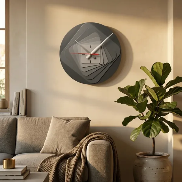 Modern 7-Layer Grey Wooden Wall Clock | Silent Sweep Quartz Home Decor