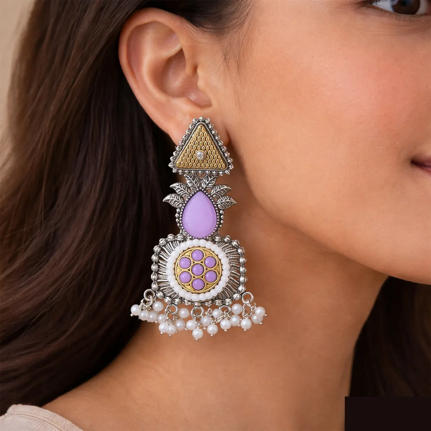 Elegant Blush Pink & Pearl Embellished Statement Drop Earrings with Antique Silver Finish and Intricate Floral Filigree Design - Detailed Feature View 3