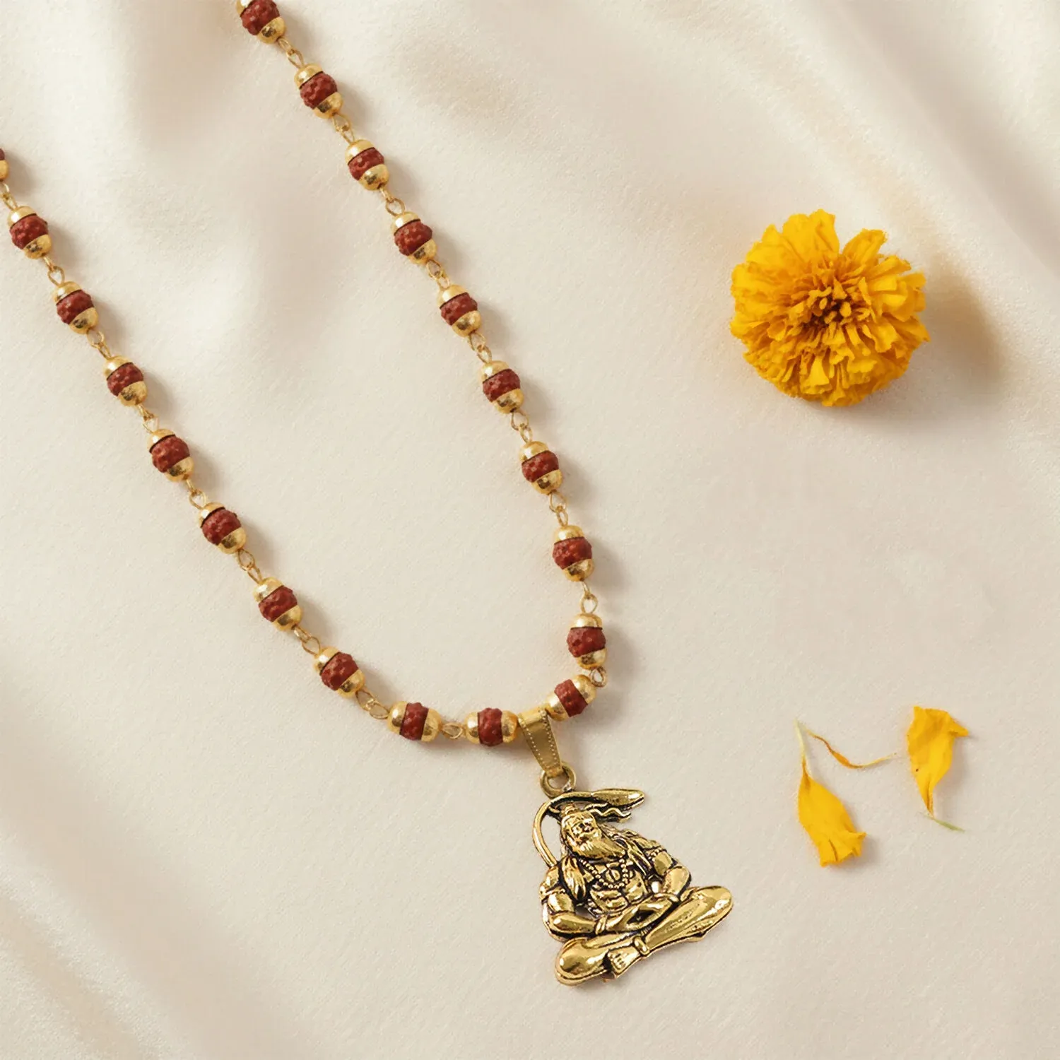 Hanuman Pendant Gold Plated & Rudraksha Bead Mala - Detailed Feature View 2