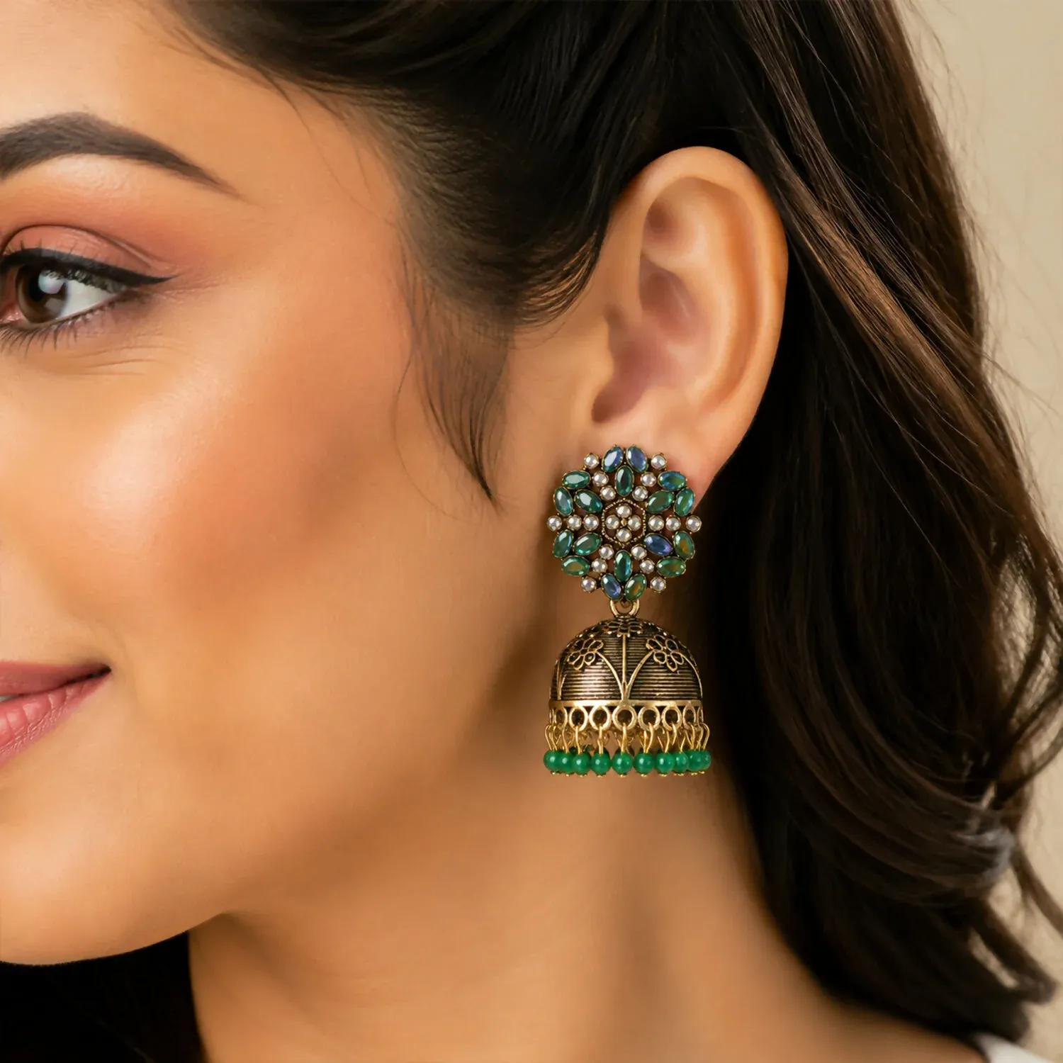 Antique Golden Jhumka Earrings with Green Stone Floral Top - Detailed Feature View 2