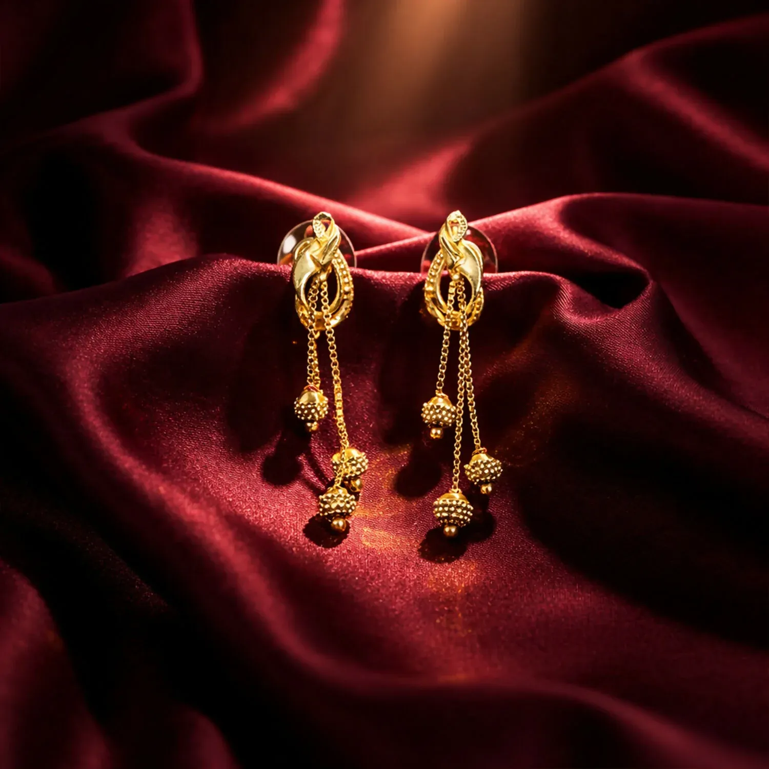 Regal Floral Gold Drop Earrings with Cascading Chain Bead Statement Design (2 Pair) - Detailed Feature View 1