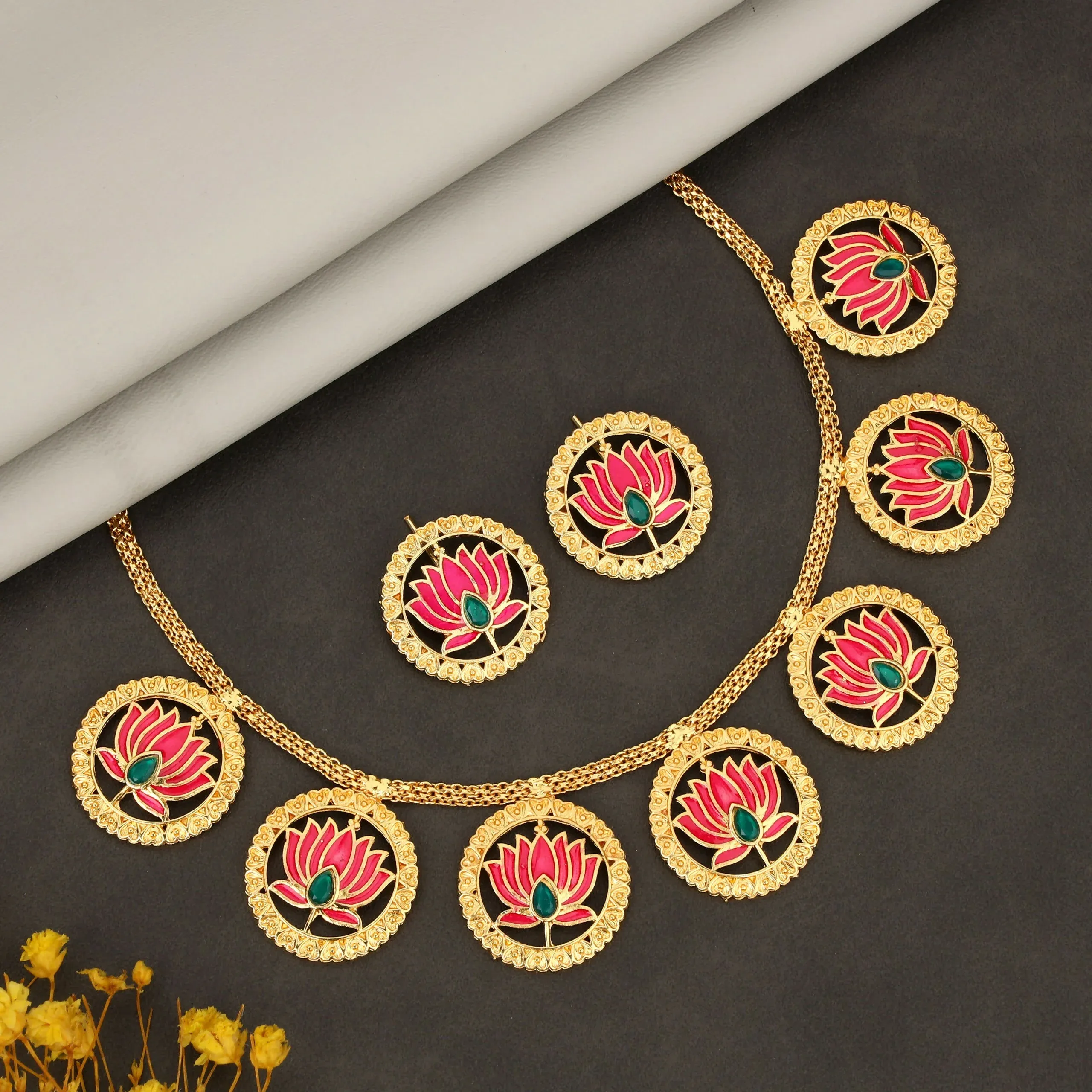 Premium Bold Gold-Tone Green-Pink Crystal & Pearl Choker Set - Buy Online at Alikart