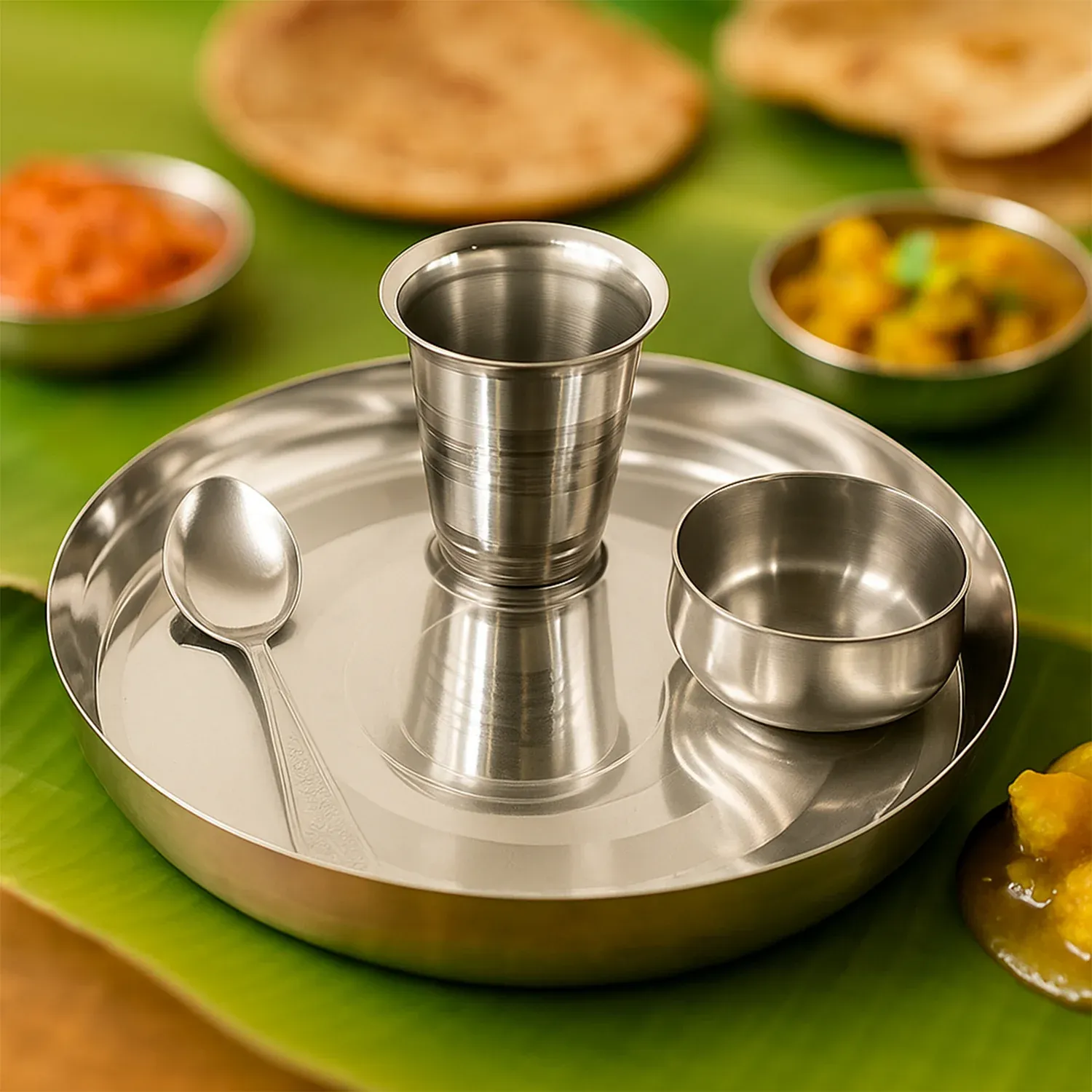 Stainless Steel Pooja Thali Set – Complete 4-Piece Dining Set - Detailed Feature View 5