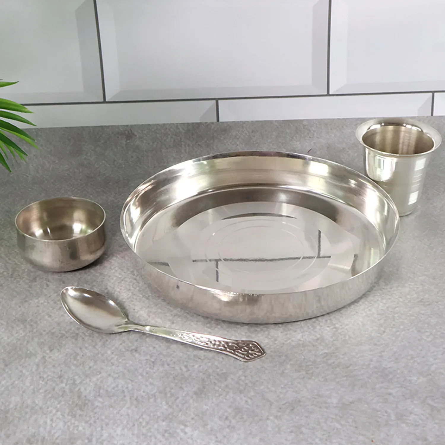 Stainless Steel Pooja Thali Set – Complete 4-Piece Dining Set - Detailed Feature View 2