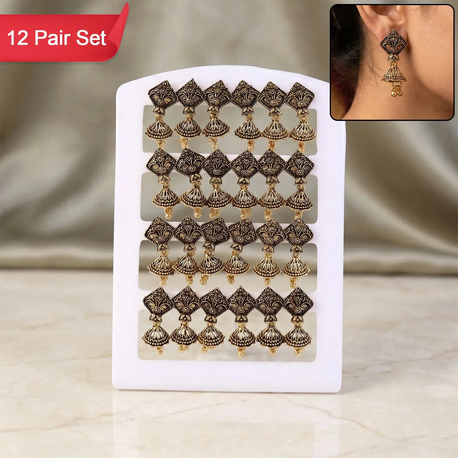 Premium 12 Pair Oxidised Leaf Pattern Jhumka Earrings Set for Women - Buy Online at Alikart