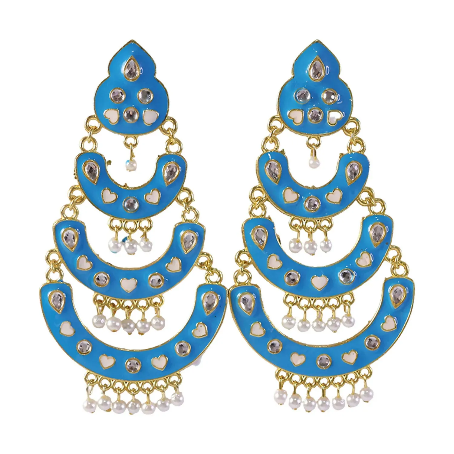 Sky Blue Layered Chandbali Earrings with Pearl Hanging for Women - Detailed Feature View 3