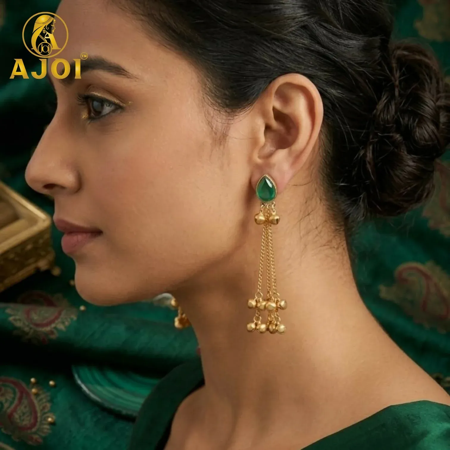 Elegant Green Stone Gold Plated Chain Drop Earrings with Ghungroo Bells - Detailed Feature View 1