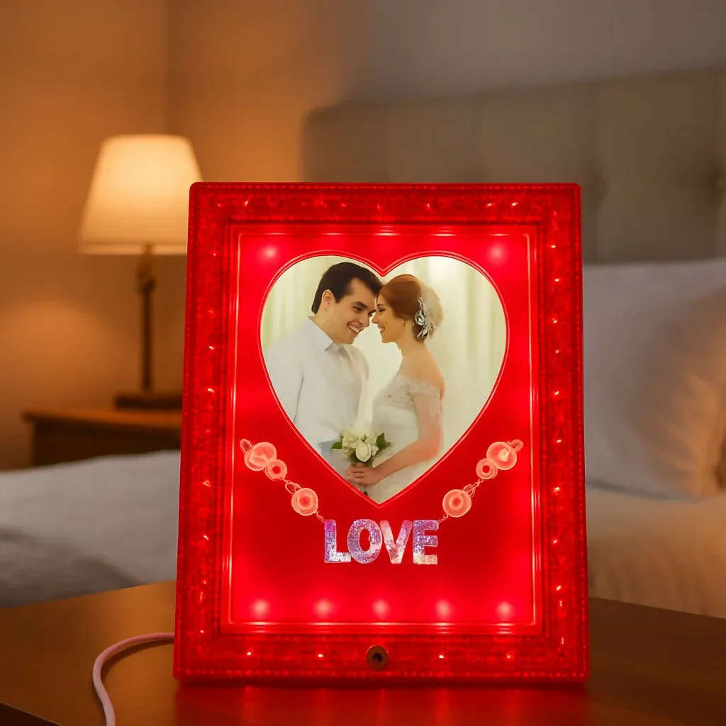 Premium Red Heart Shape LED Photo Frame Lamp with Love Text | Romantic Couple Night Light with Customized Picture | Decorative Wedding Anniversary Valentine Gift Table Lamp for Bedroom & Home Décor - Buy Online at Alikart