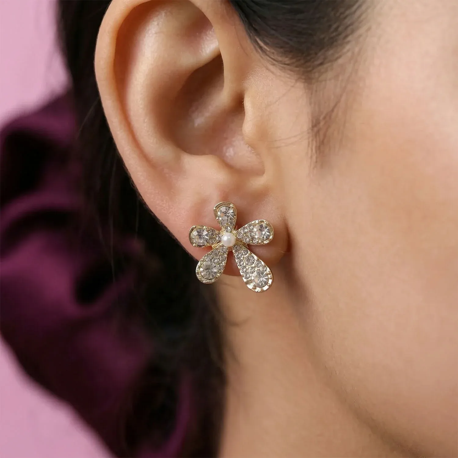 Elegant Crystal Flower Design Stud Earrings for Women and Girls Party Wear - Detailed Feature View 3