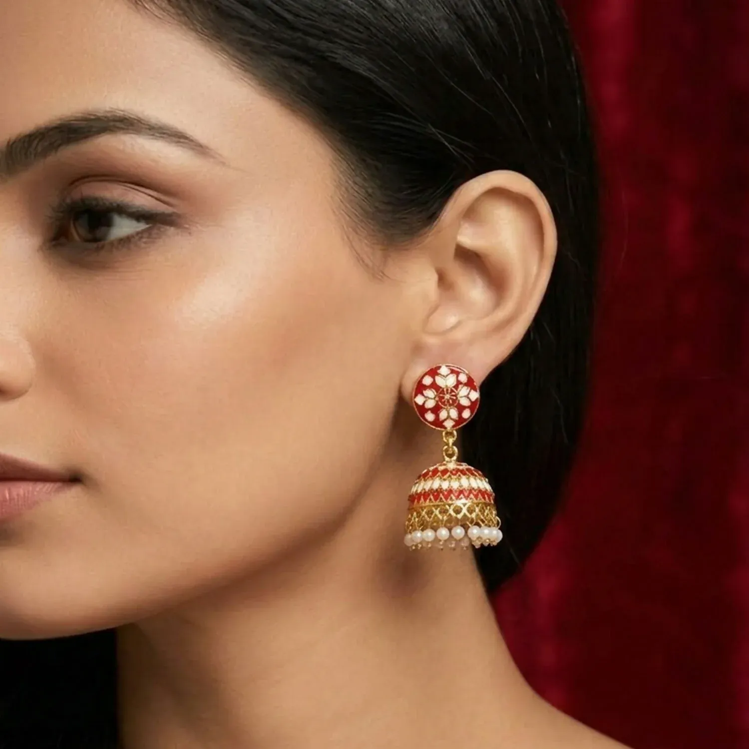 Red Floral Jhumka Earrings with Pearl Beads for Women - Detailed Feature View 4