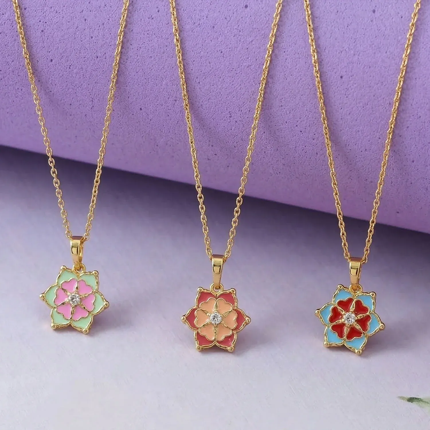 Elegant Floral Gold Pendant Necklaces with Colorful Enamel Design Combo set - Detailed Feature View 1