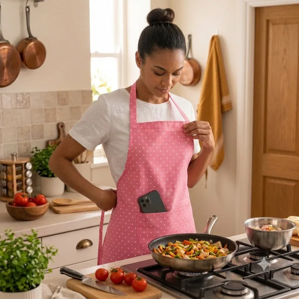 Adjustable Stylish Polka Dot Kitchen Apron with Front Pocket for Cooking & Baking - Detailed Feature View 3