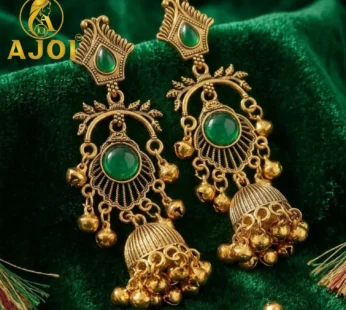 Antique Gold Plated Green Stone Traditional Jhumka Earrings for Women