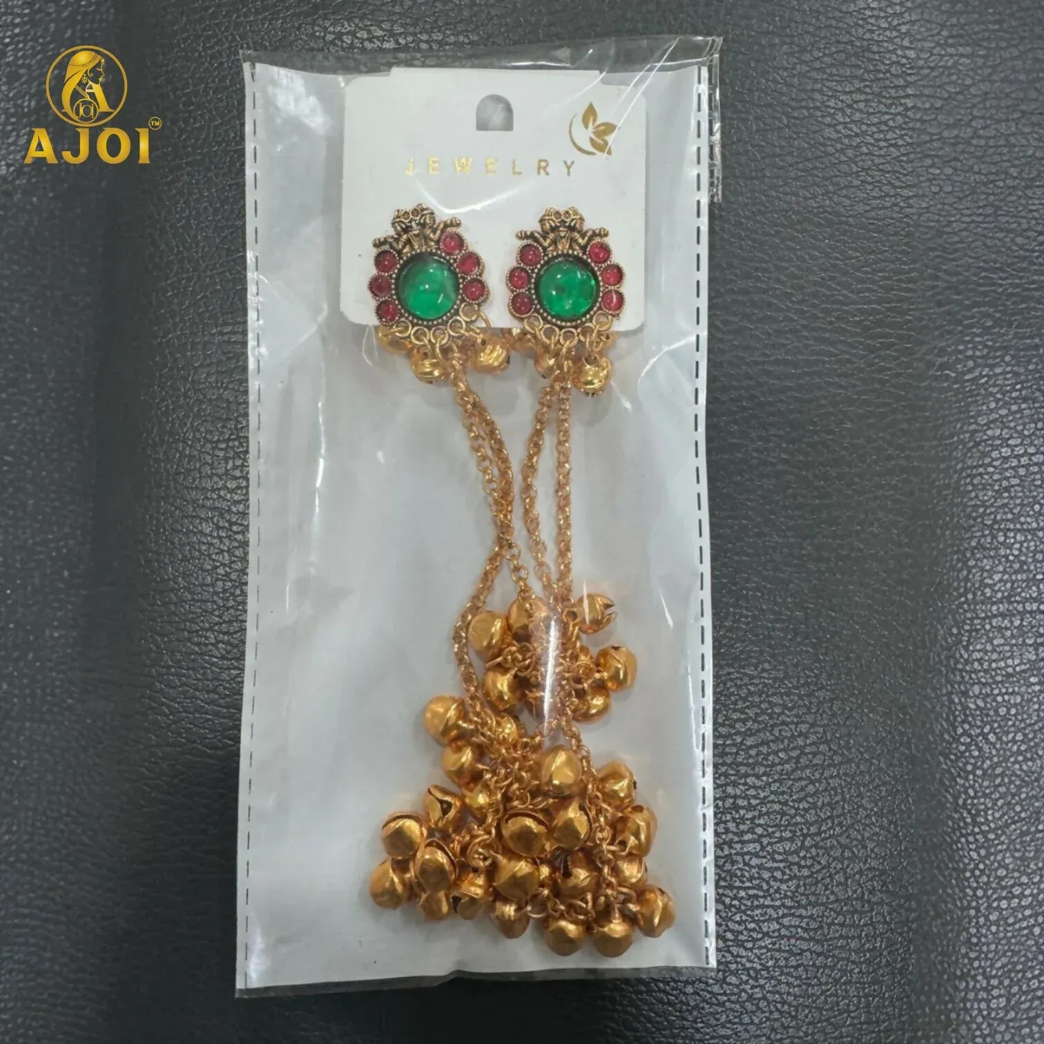 Imperial Kashmiri Gold-Plated Ear Cuff Chain Earrings with Emerald & Ruby Accents - Detailed Feature View 5