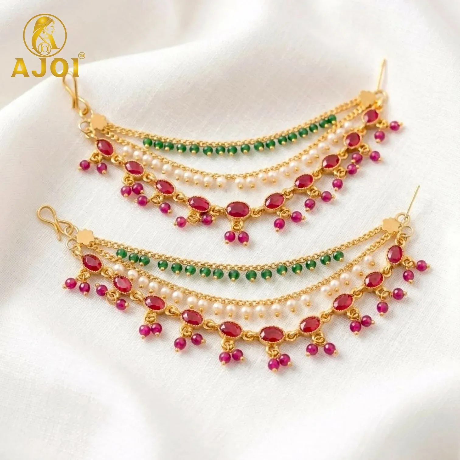 Premium Traditional Gold-Tone Ruby, Emerald & Pearl Multi-Layer Chain Earrings - Buy Online at Alikart