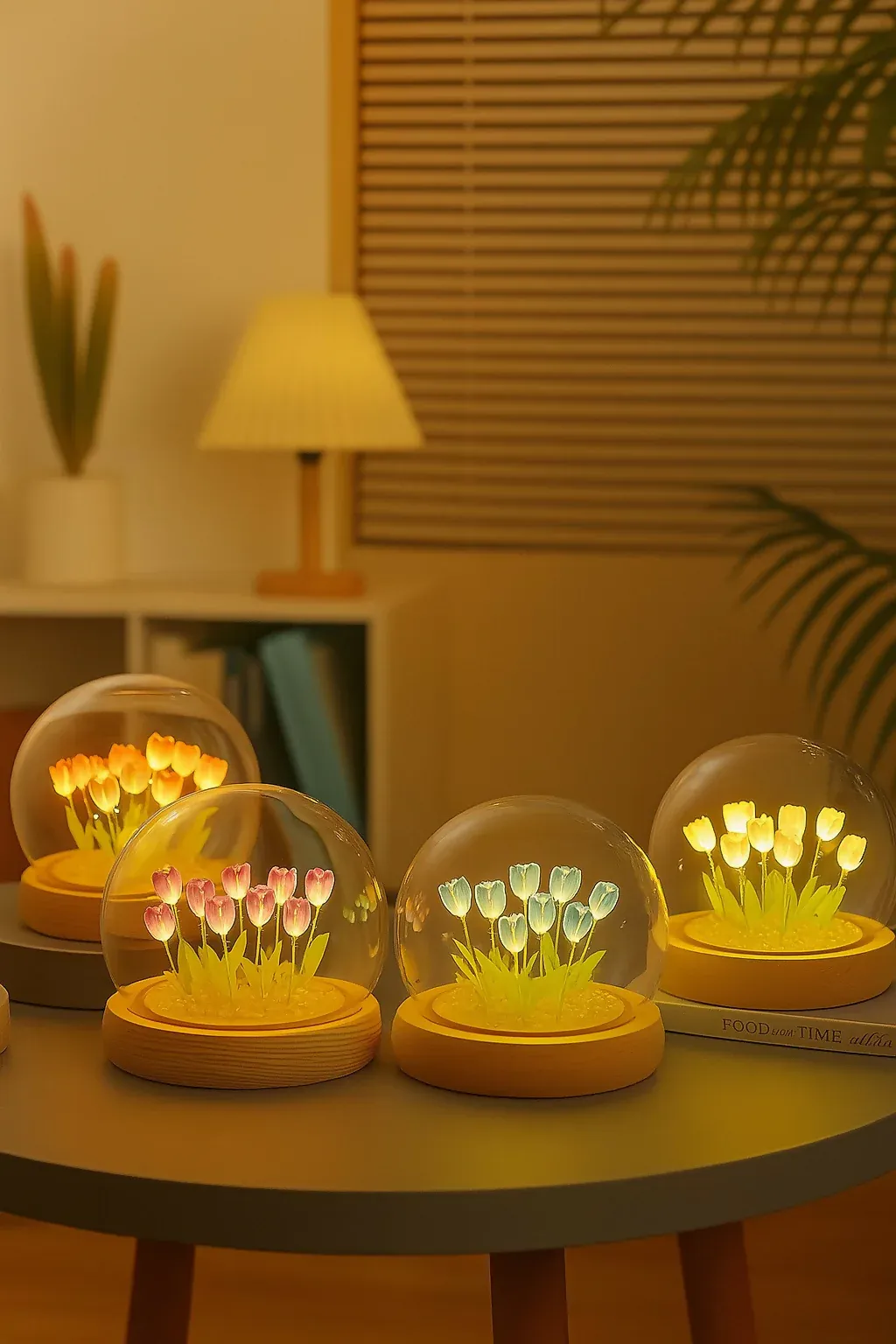 LED Peach Orange Tulip Flower Light Dome with Glass Cover and Wooden Base - Detailed Feature View 1