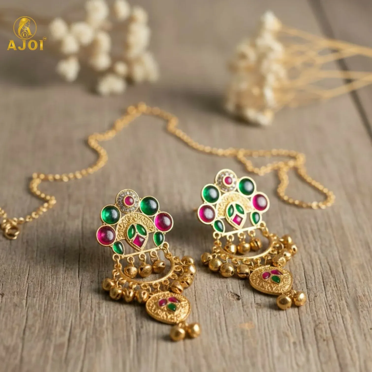 Kasmiri Gold-Plated Chandbali Earrings with Green & Pink Stones - Detailed Feature View 4