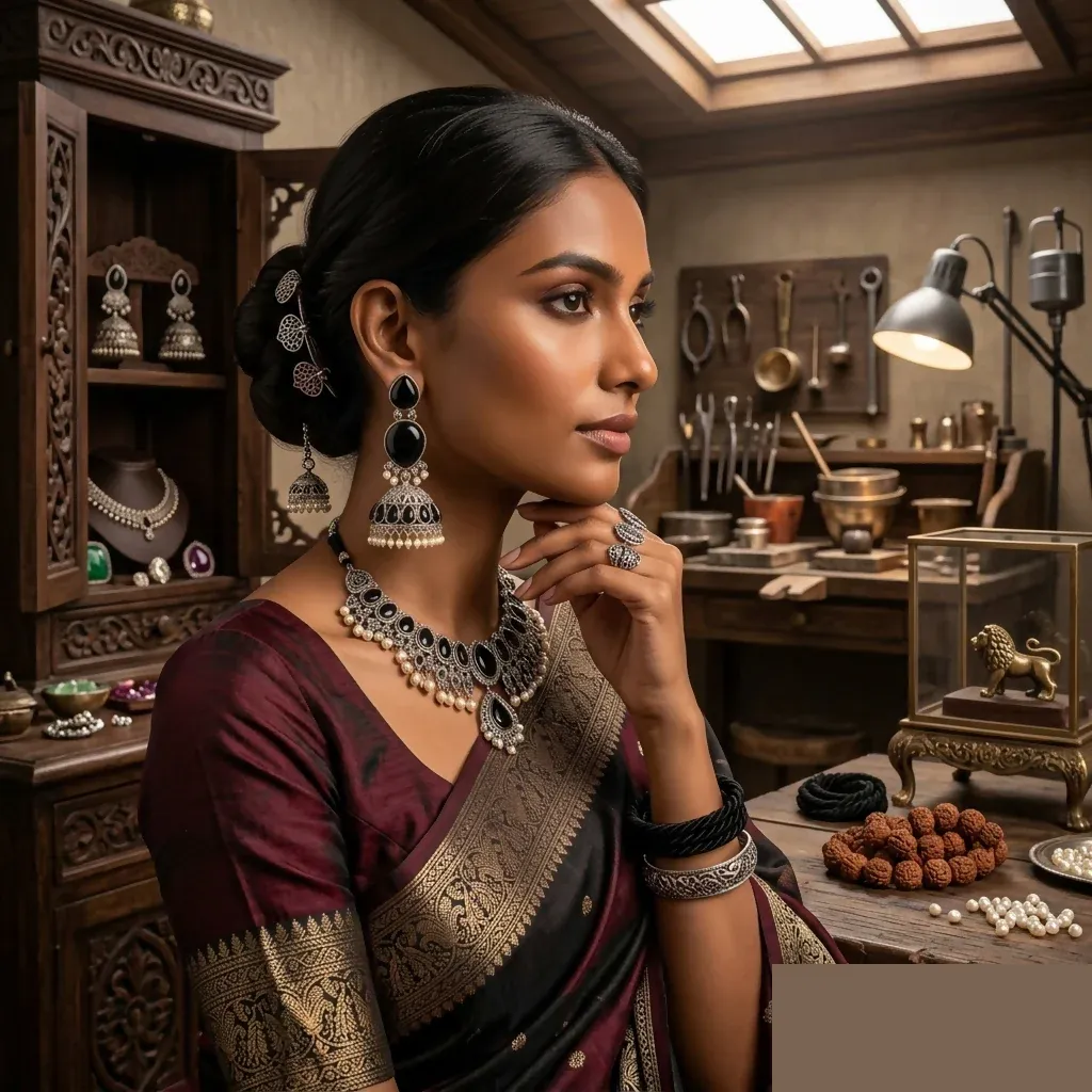 Elegant Oxidised Silver Black Stone Jhumka Earrings with Pearls - Detailed Feature View 2