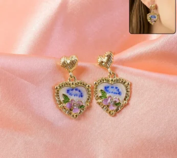 Gold Plated Korean Heart Floral Pearl & Crystal Drop Earrings