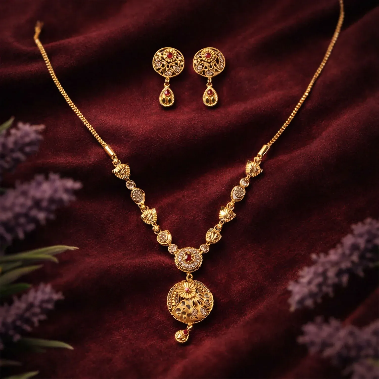Premium Classic Gold-Tone Floral Engraved Pendant Necklace Set with Designer Stud Earrings - Buy Online at Alikart
