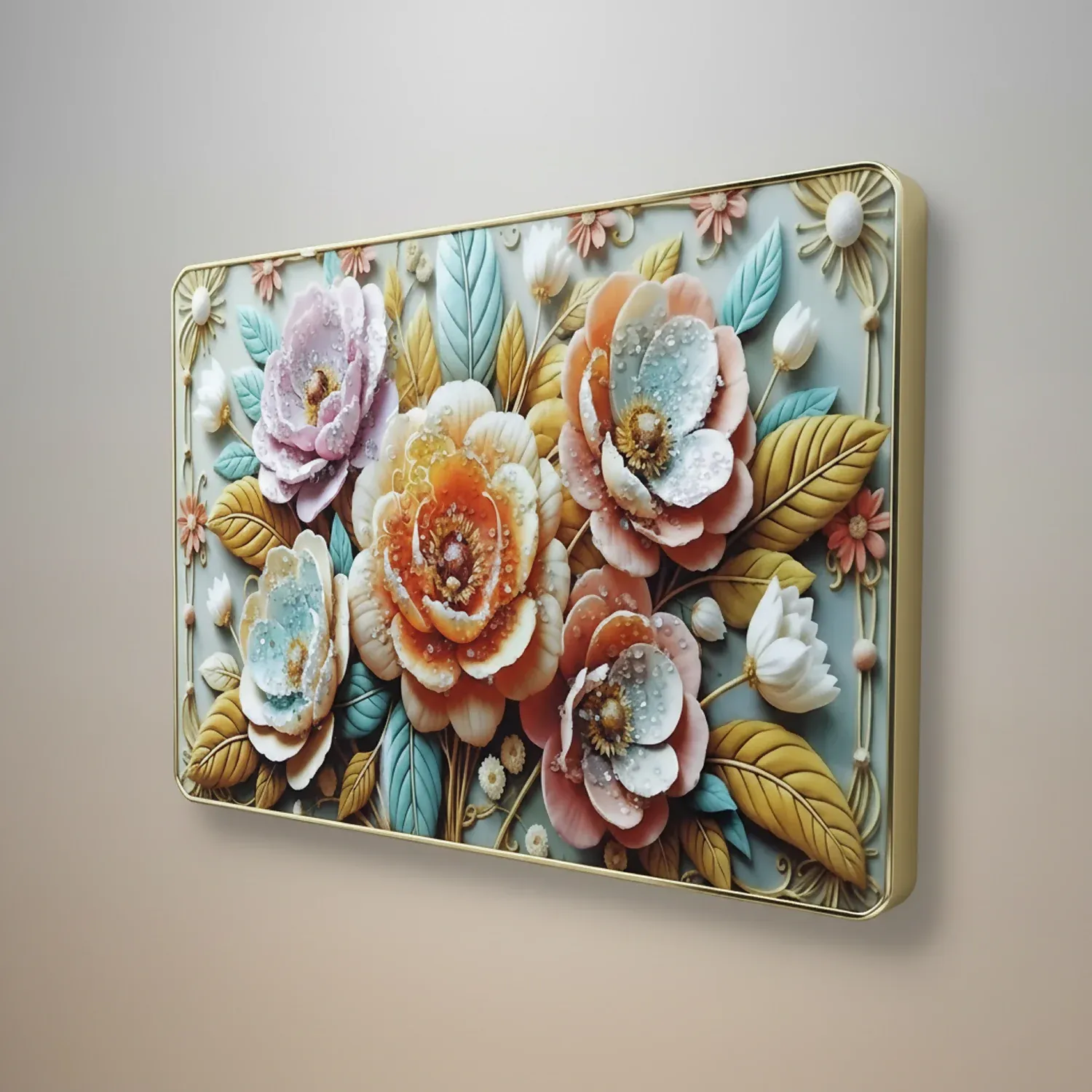 Premium 3D Floral Wall Art Panel – Luxury Golden Frame Home Decor - Detailed Feature View 1