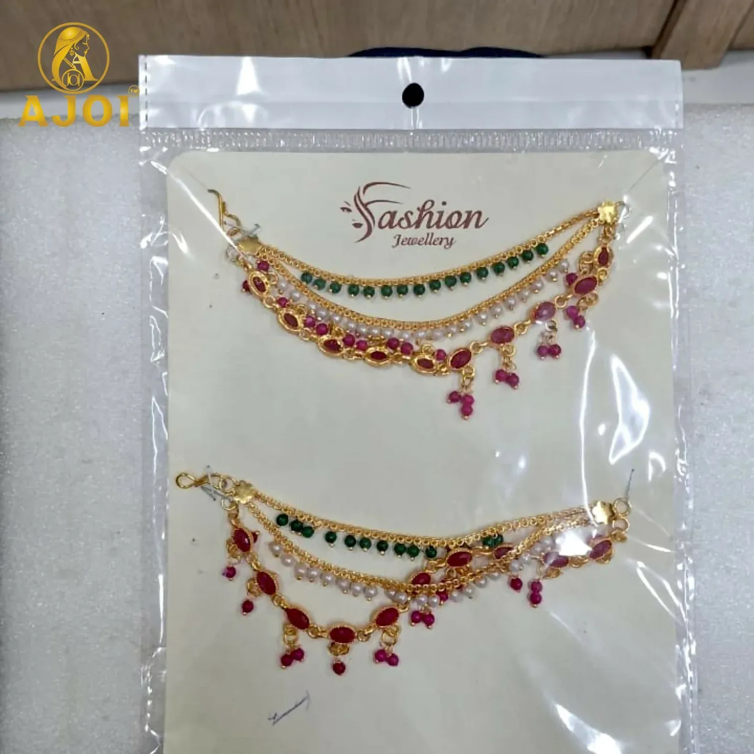 Traditional Gold-Tone Ruby, Emerald & Pearl Multi-Layer Chain Earrings - Detailed Feature View 5